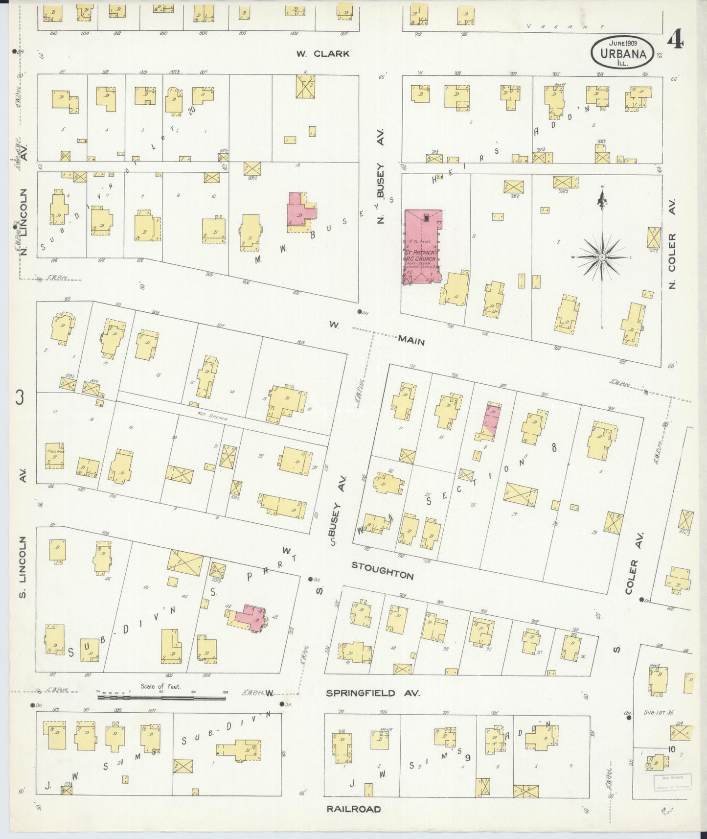 Sanborn Fire Insurance Map from Urbana, Champaign County, Illinois (1909), Sheet #0004 - Complete Map Set gallery image, historic Sanborn map, vintage wall art, Illinois Illinois