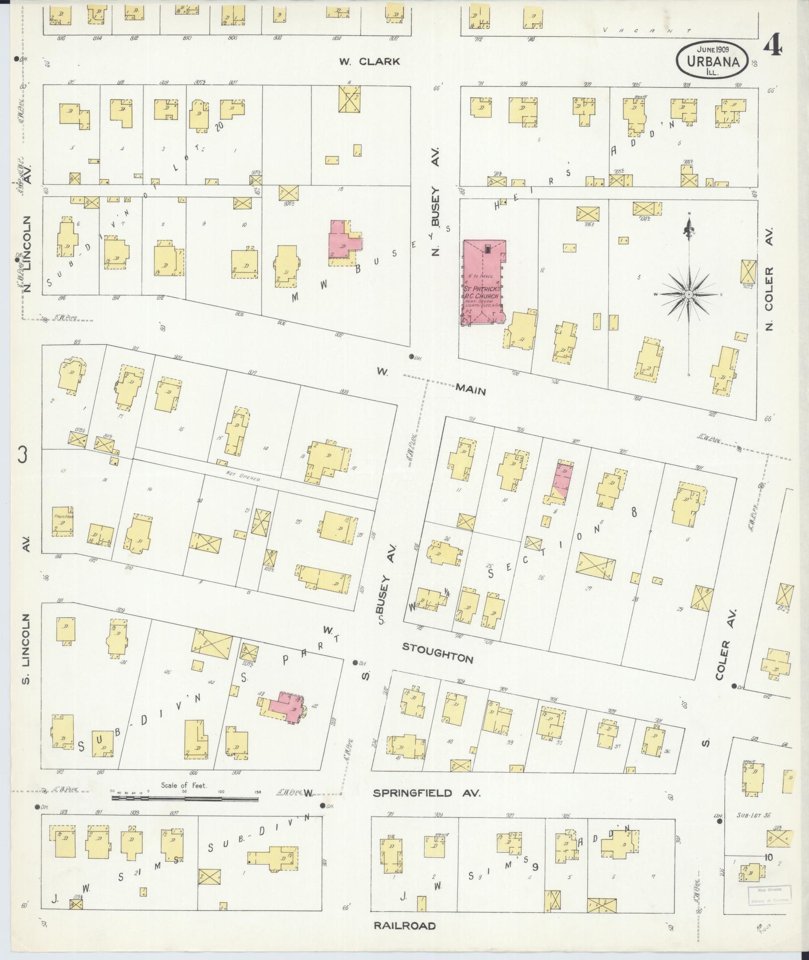 Sanborn Fire Insurance Map from Urbana, Champaign County, Illinois (1909), Sheet #0004 - Complete Map Set gallery image, historic Sanborn map, vintage wall art, Illinois Illinois