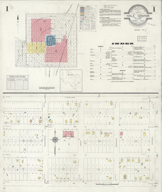 Sanborn Fire Insurance Map from Hale Center, Hale County, Texas (1933), Sheet #0001 - Historic Sanborn Fire Insurance Map Print, vintage old map wall art, antique decor, genealogy gift, Texas Texas map
