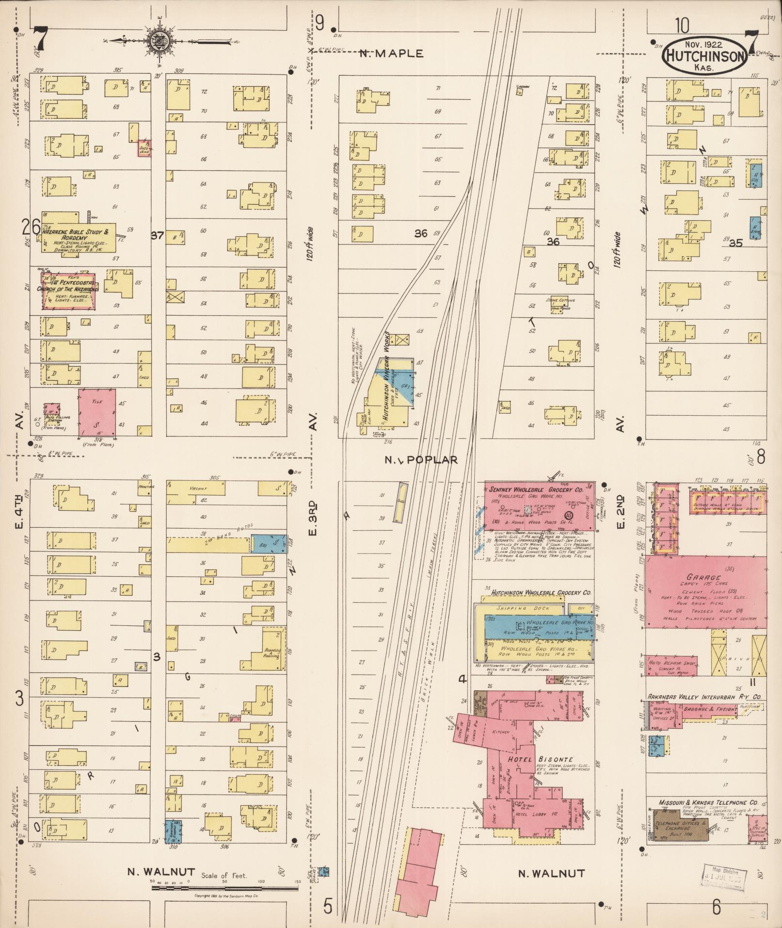 Sanborn Fire Insurance Map from Hutchinson, Reno County, Kansas (1922), Sheet #0008 - Historic Sanborn Fire Insurance Map Print, vintage old map wall art, antique decor, genealogy gift, Kansas Kansas map