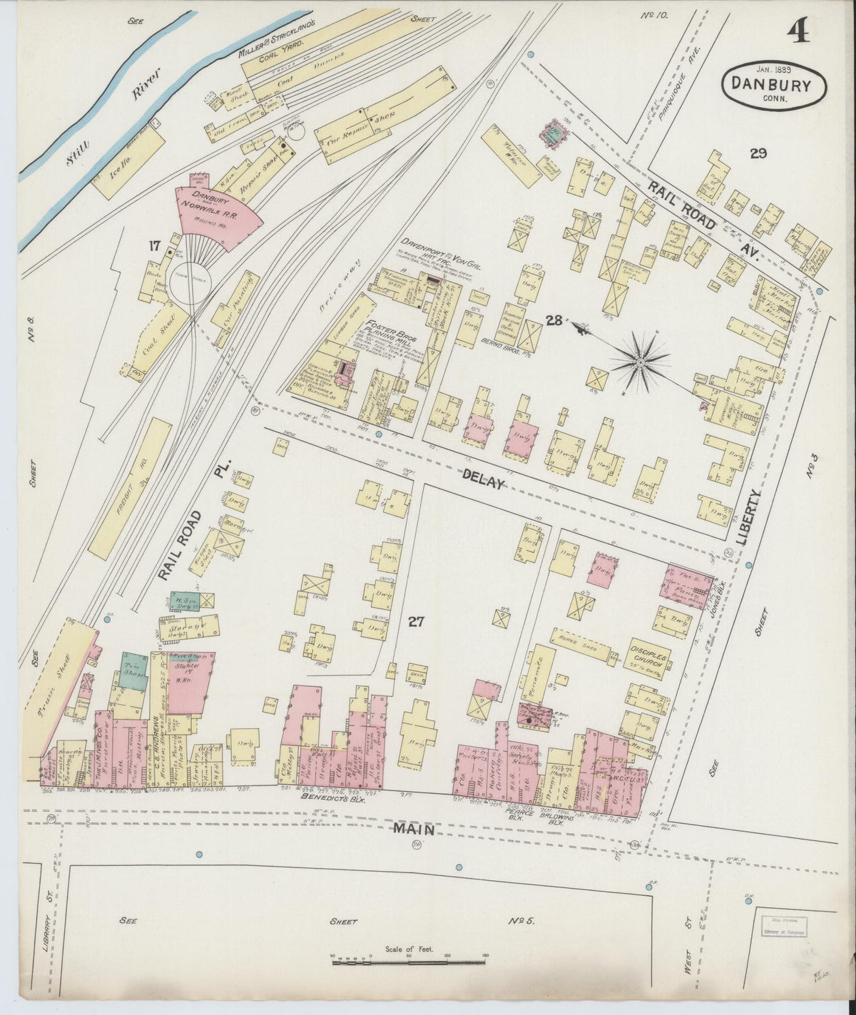 Sanborn Fire Insurance Map from Danbury, Fairfield County, Connecticut (1889), Sheet #0004 - Historic Sanborn Fire Insurance Map Print, vintage old map wall art, antique decor, genealogy gift, Connecticut Connecticut map