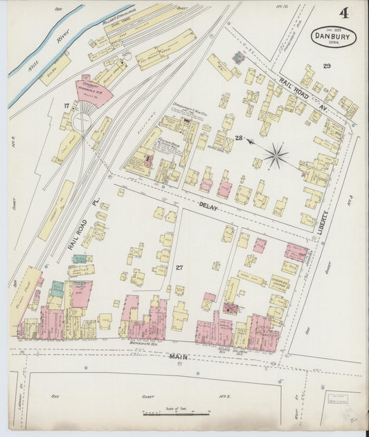 Sanborn Fire Insurance Map from Danbury, Fairfield County, Connecticut (1889), Sheet #0004 - Historic Sanborn Fire Insurance Map Print, vintage old map wall art, antique decor, genealogy gift, Connecticut Connecticut map