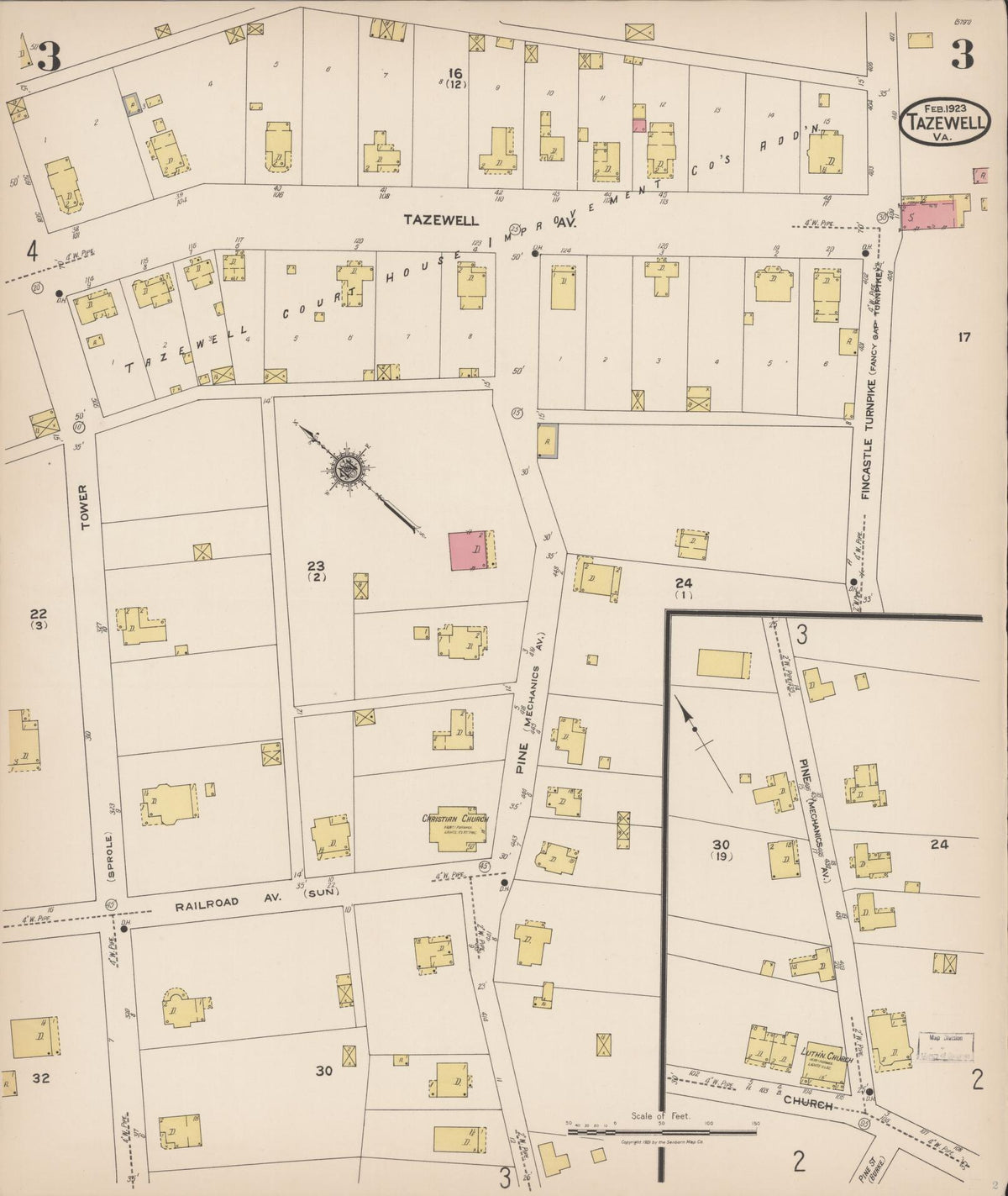 Sanborn Fire Insurance Map from Tazewell, Tazewell County, Virginia (1923), Sheet #0003 - Historic Sanborn Fire Insurance Map Print, vintage old map wall art, antique decor, genealogy gift, Virginia Virginia map