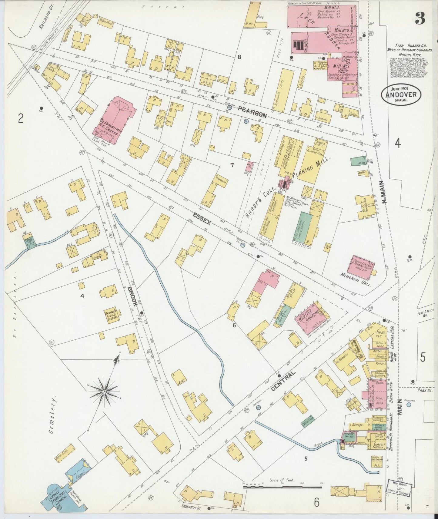 Sanborn Fire Insurance Map from Andover, Essex County, Massachusetts (1901), Sheet #0003 - Historic Sanborn Fire Insurance Map Print, vintage old map wall art, antique decor, genealogy gift, Massachusetts Massachusetts map