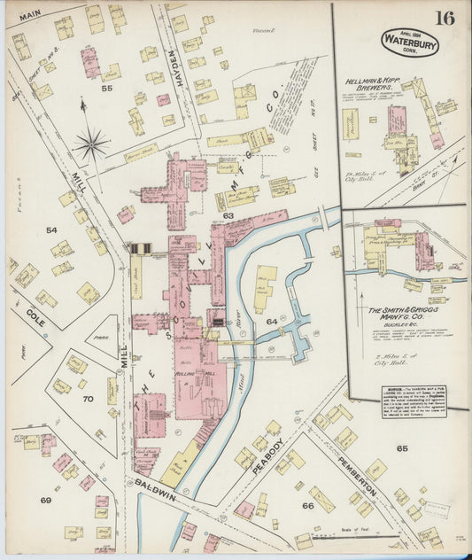 Sanborn Fire Insurance Map from Waterbury, New Haven County, Connecticut (1884), Sheet #0016 - Historic Sanborn Fire Insurance Map Print, vintage old map wall art, antique decor, genealogy gift, Connecticut Connecticut map