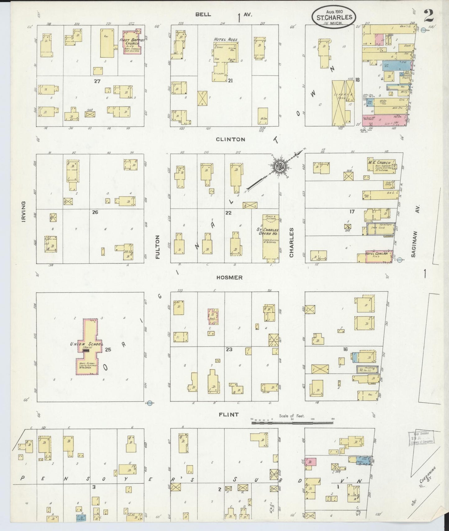 Sanborn Fire Insurance Map from Saint Charles, Saginaw County, Michigan (1910), Sheet #0002 - Historic Sanborn Fire Insurance Map Print, vintage old map wall art, antique decor, genealogy gift, Michigan Michigan map