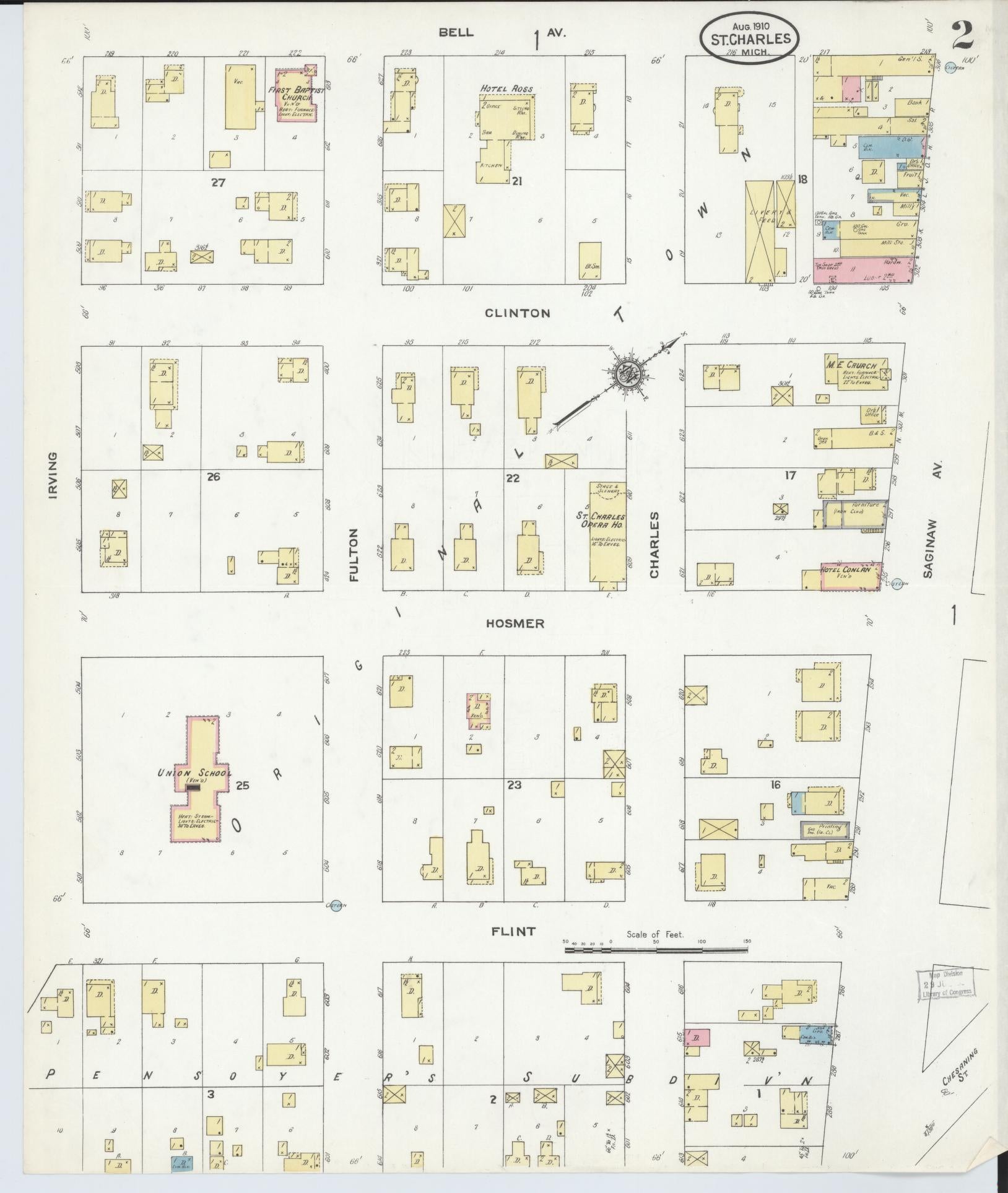Sanborn Fire Insurance Map from Saint Charles, Saginaw County, Michigan (1910), Sheet #0002 - Historic Sanborn Fire Insurance Map Print, vintage old map wall art, antique decor, genealogy gift, Michigan Michigan map