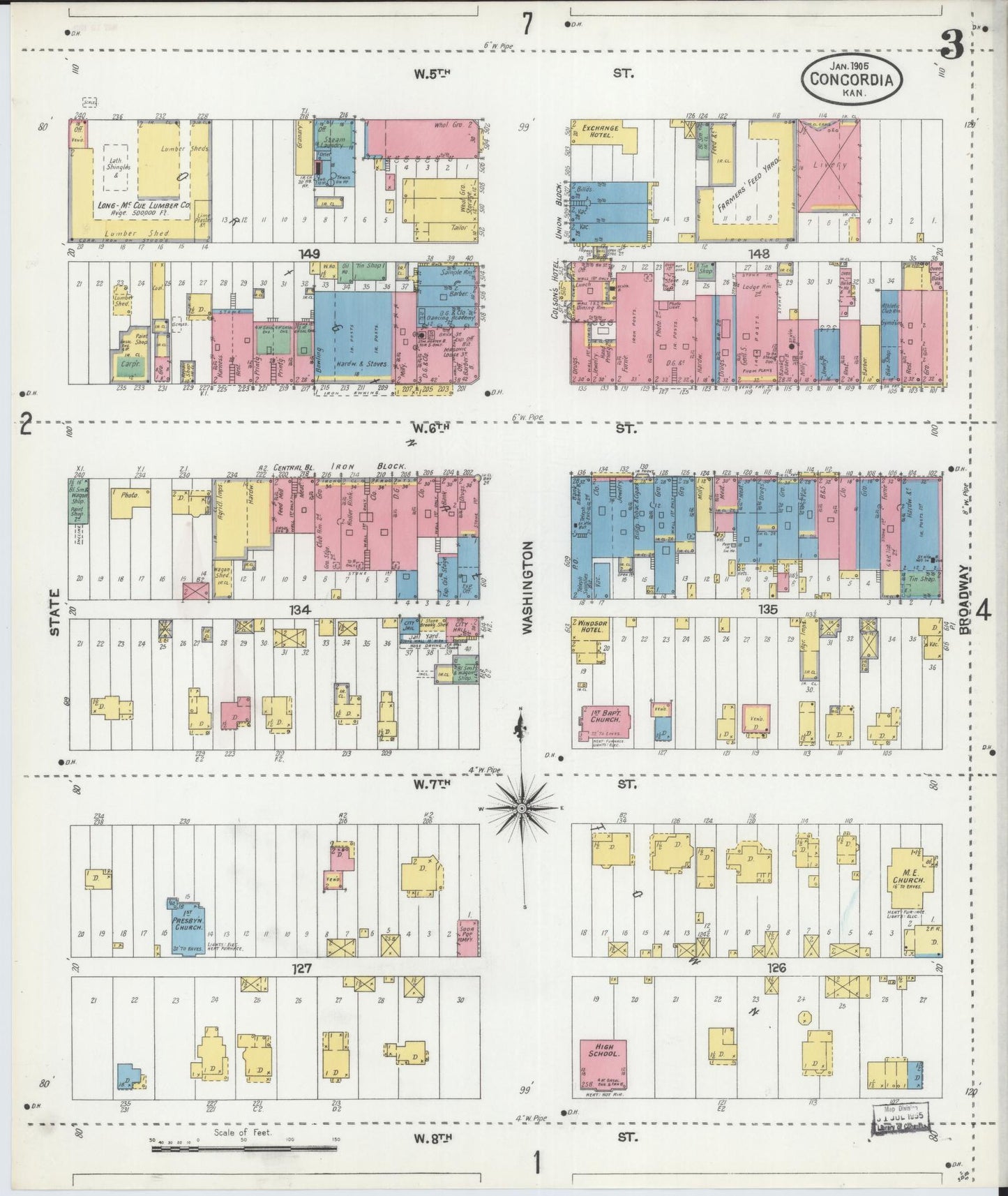 Sanborn Fire Insurance Map from Concordia, Cloud County, Kansas (1905), Sheet #0003 - Complete Map Set gallery image, historic Sanborn map, vintage wall art, Kansas Kansas
