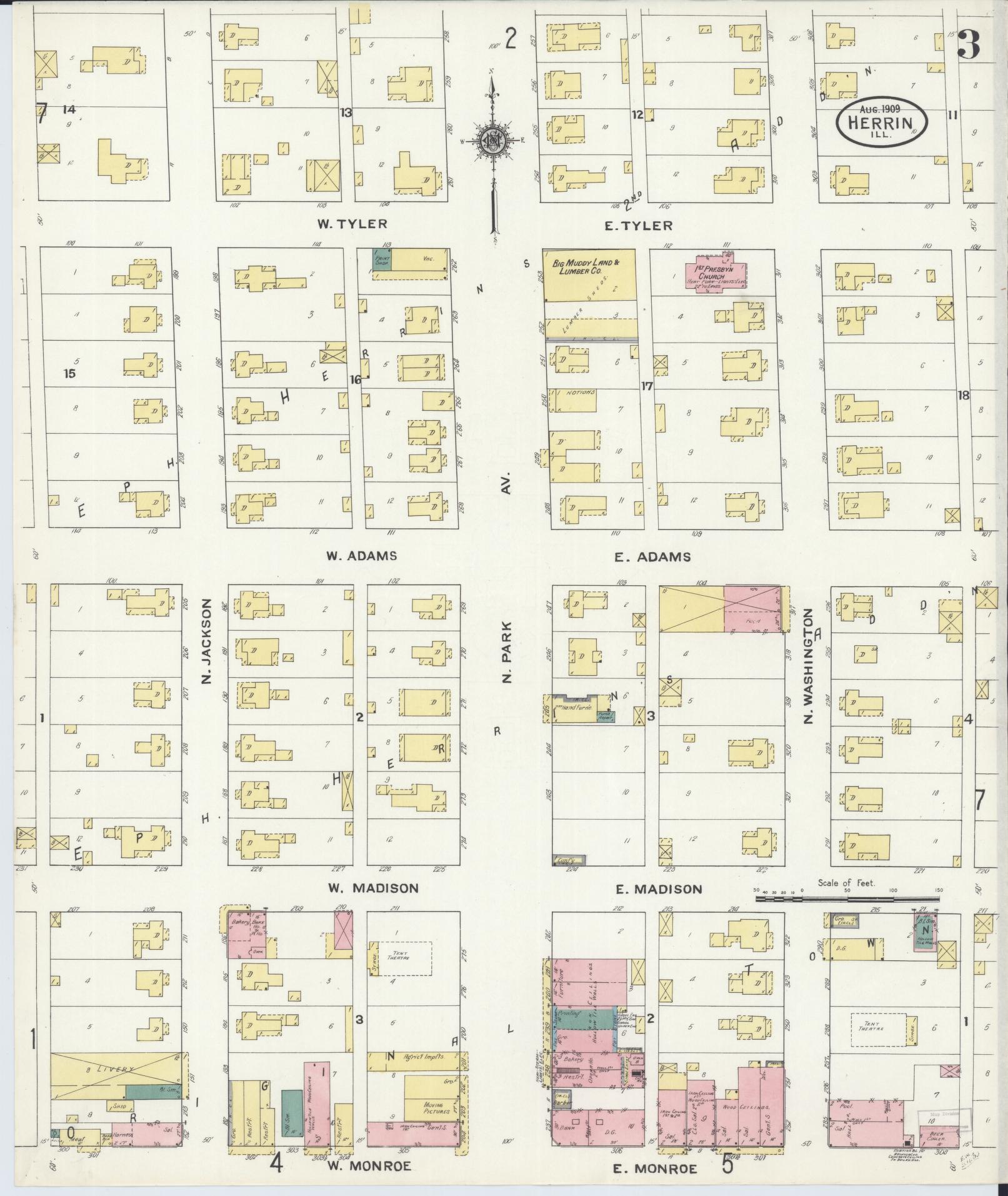 Sanborn Fire Insurance Map from Herrin, Williamson County, Illinois (1909), Sheet #0003 - Historic Sanborn Fire Insurance Map Print, vintage old map wall art, antique decor, genealogy gift, Illinois Illinois map