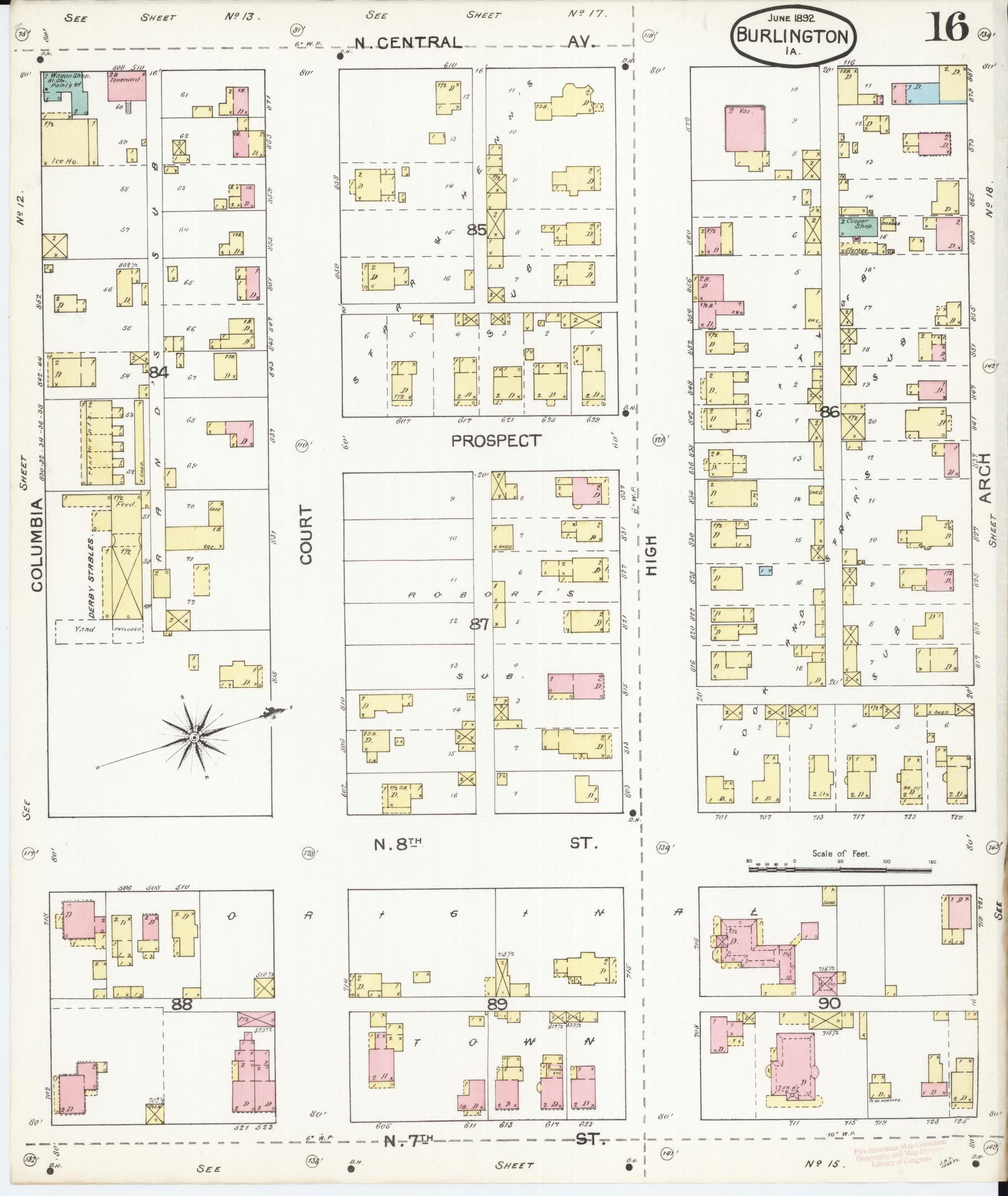 Sanborn Fire Insurance Map from Burlington, Des Moines County, Iowa (1892), Sheet #0016 - Historic Sanborn Fire Insurance Map Print, vintage old map wall art