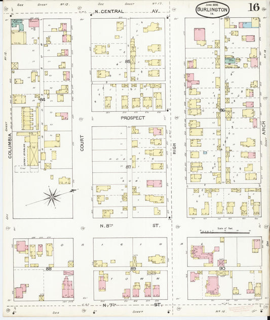 Sanborn Fire Insurance Map from Burlington, Des Moines County, Iowa (1892), Sheet #0016 - Historic Sanborn Fire Insurance Map Print, vintage old map wall art