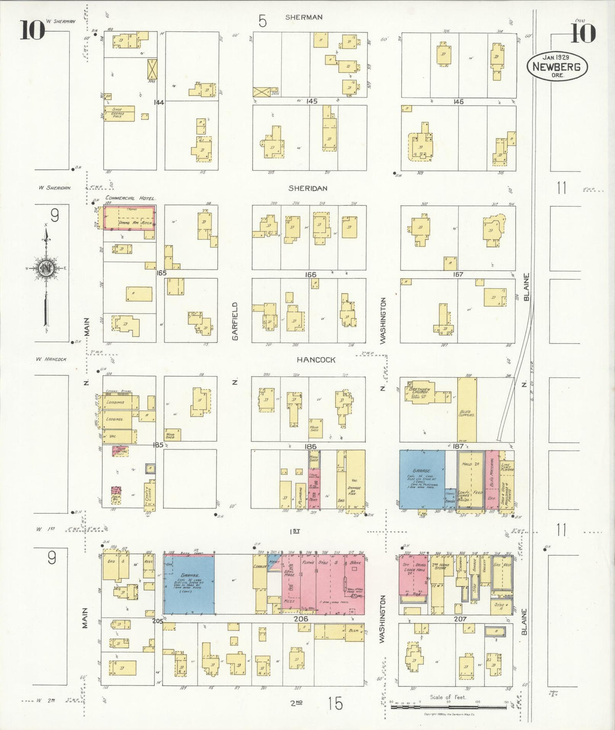 Sanborn Fire Insurance Map from Newberg, Yamhill County, Oregon (1929), Sheet #0010 - Historic Sanborn Fire Insurance Map Print, vintage old map wall art, antique decor, genealogy gift, Oregon Oregon map
