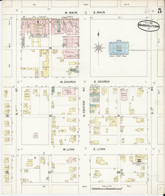 Sanborn Fire Insurance Map from Marshalltown, Marshall County, Iowa (1888), Sheet #0005 - Historic Sanborn Fire Insurance Map Print, vintage old map wall art
