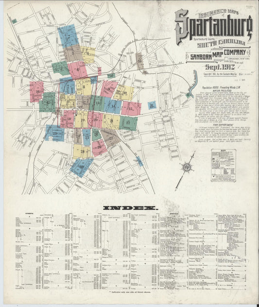 Sanborn Fire Insurance Map from Spartanburg, Spartanburg County, South Carolina (1912), Sheet #0001 - Historic Sanborn Fire Insurance Map Print, vintage old map wall art, antique decor, genealogy gift, South Carolina South Carolina map