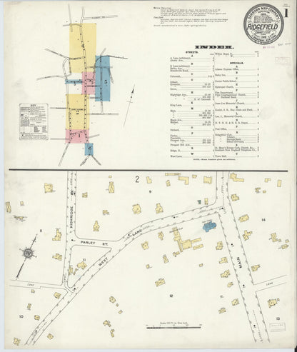 Sanborn Fire Insurance Map from Ridgefield, Fairfield County, Connecticut (1910), Sheet #0001 - Complete Map Set gallery image, historic Sanborn map, vintage wall art, Connecticut Connecticut