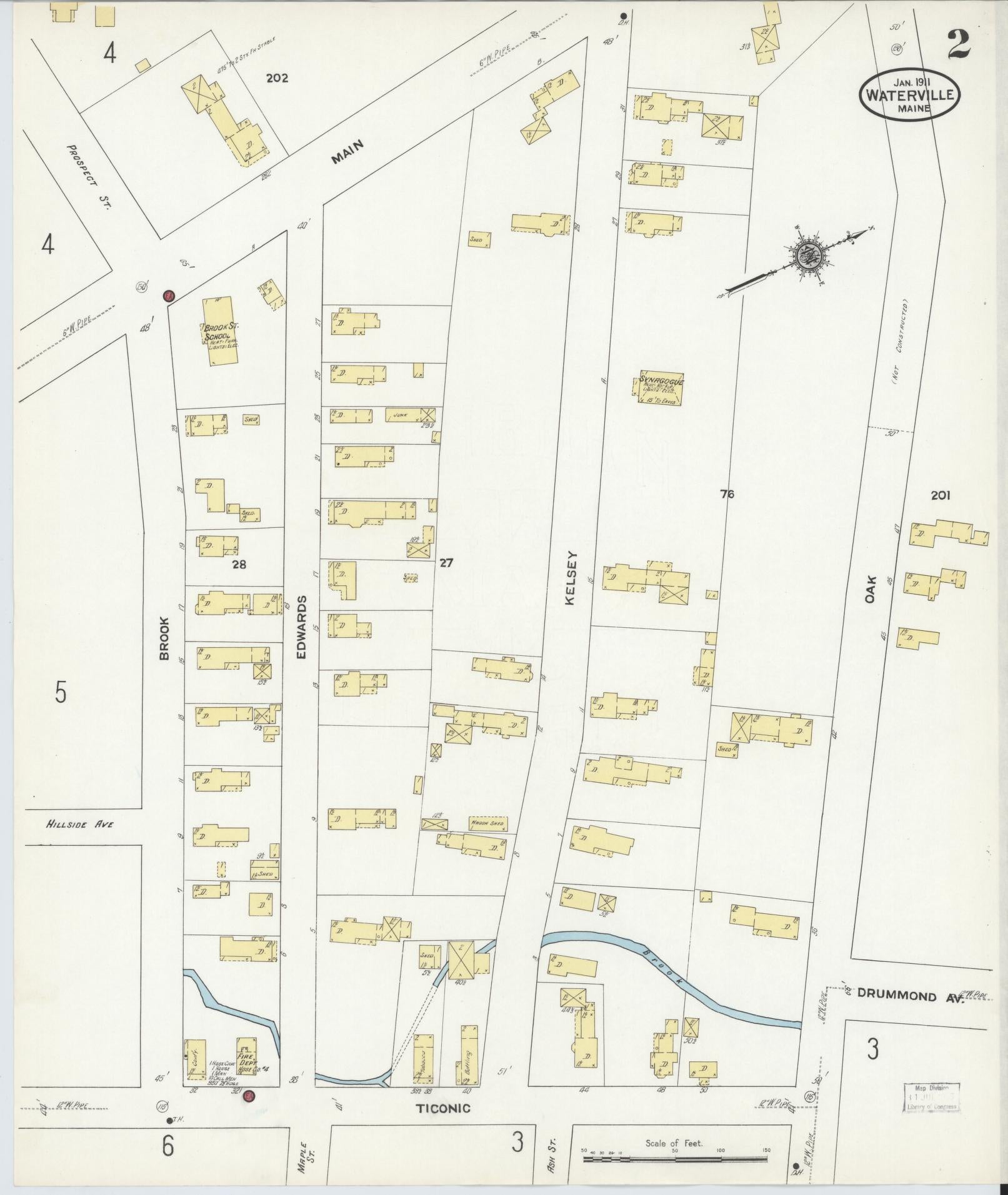 Sanborn Fire Insurance Map from Waterville, Kennebec County, Maine (1911), Sheet #0002 - Historic Sanborn Fire Insurance Map Print, vintage old map wall art, antique decor, genealogy gift, Maine Maine map