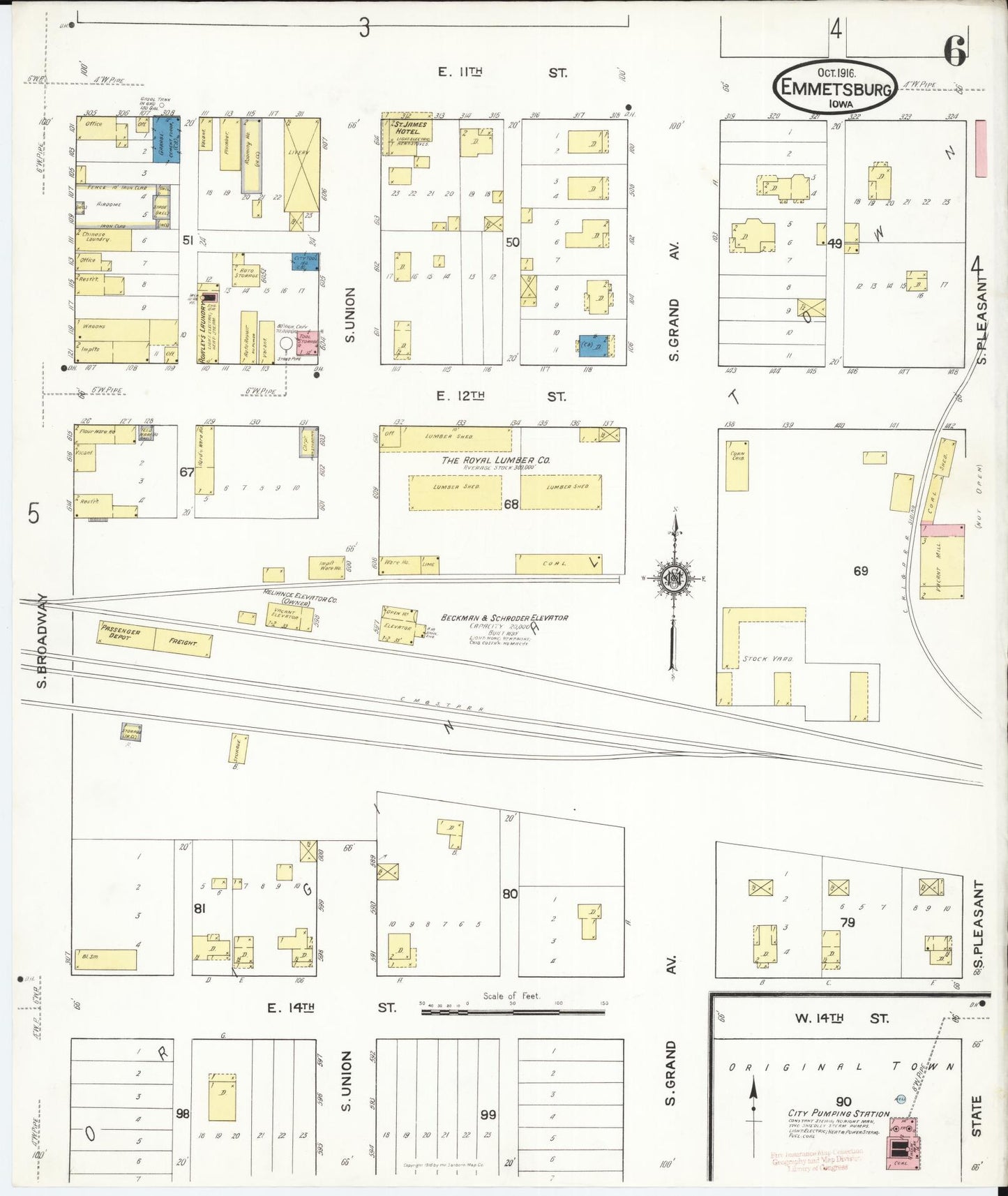 Sanborn Fire Insurance Map from Emmetsburg, Palo Alto County, Iowa (1916), Sheet #0006 - Historic Sanborn Fire Insurance Map Print, vintage old map wall art