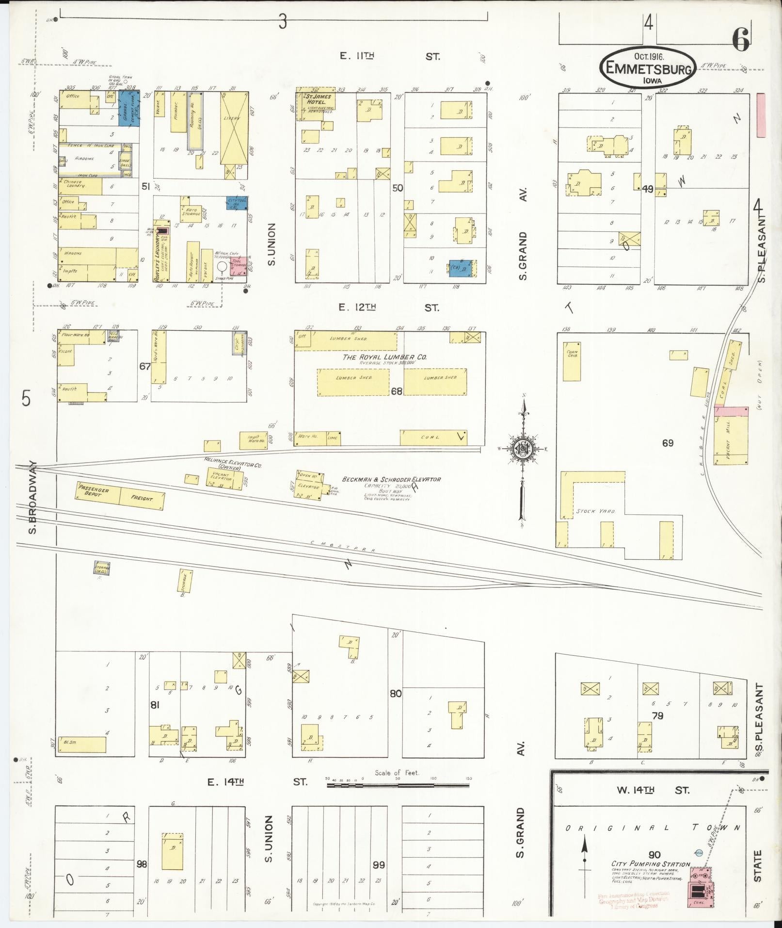 Sanborn Fire Insurance Map from Emmetsburg, Palo Alto County, Iowa (1916), Sheet #0006 - Historic Sanborn Fire Insurance Map Print, vintage old map wall art