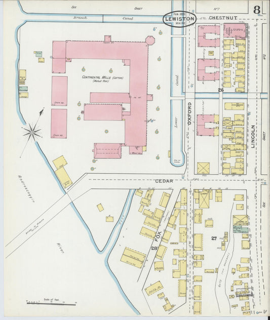 Sanborn Fire Insurance Map from Lewiston, Androscoggin County, Maine (1892), Sheet #0008 - Historic Sanborn Fire Insurance Map Print, vintage old map wall art, antique decor, genealogy gift, Maine Maine map