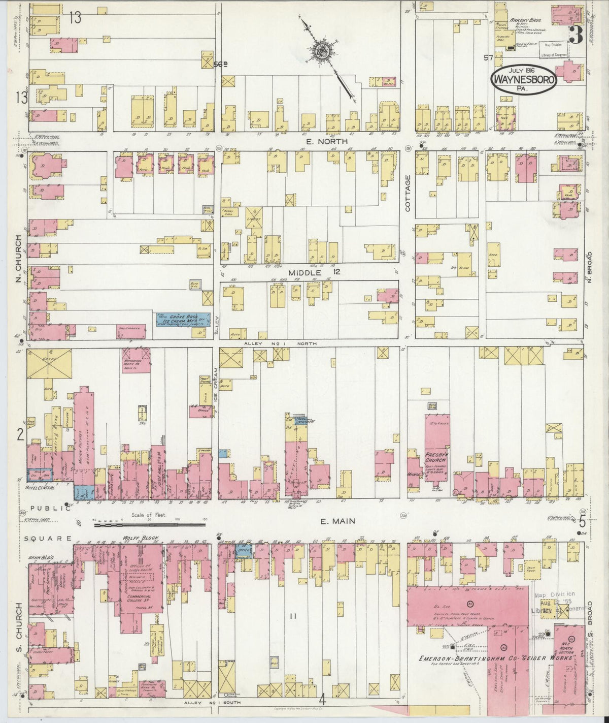 Sanborn Fire Insurance Map from Waynesboro, Franklin County, Pennsylvania (1916), Sheet #0003 - Historic Sanborn Fire Insurance Map Print, vintage old map wall art, antique decor, genealogy gift, Pennsylvania Pennsylvania map