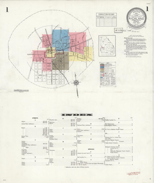 Sanborn Fire Insurance Map from Richland, Stewart County, Georgia (1934), Sheet #0001 - Historic Sanborn Fire Insurance Map Print, vintage old map wall art, antique decor, genealogy gift, Georgia Georgia map
