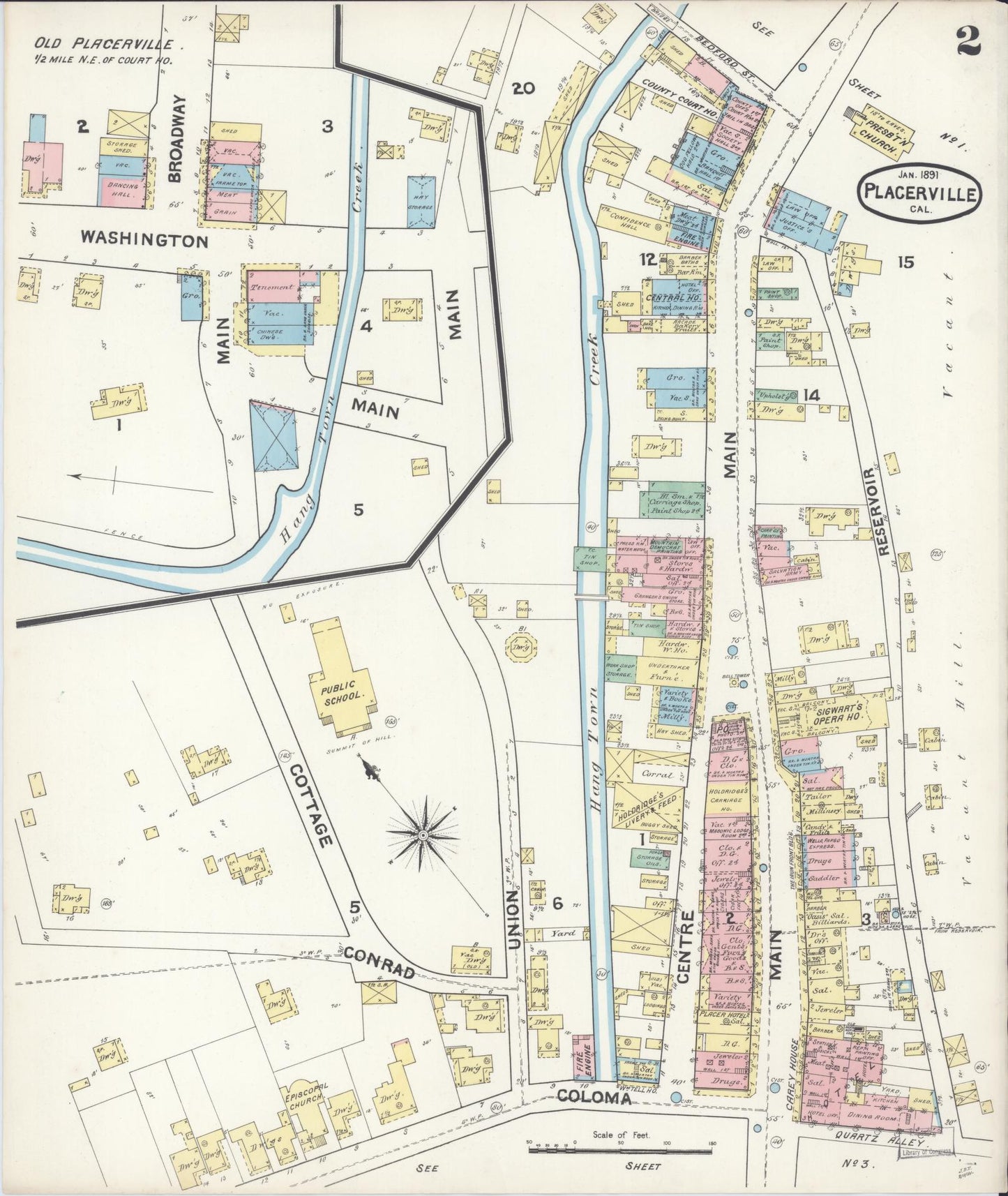 Sanborn Fire Insurance Map from Placerville, El Dorado County, California (1891), Sheet #0002 - Complete Map Set gallery image, historic Sanborn map, vintage wall art, California California