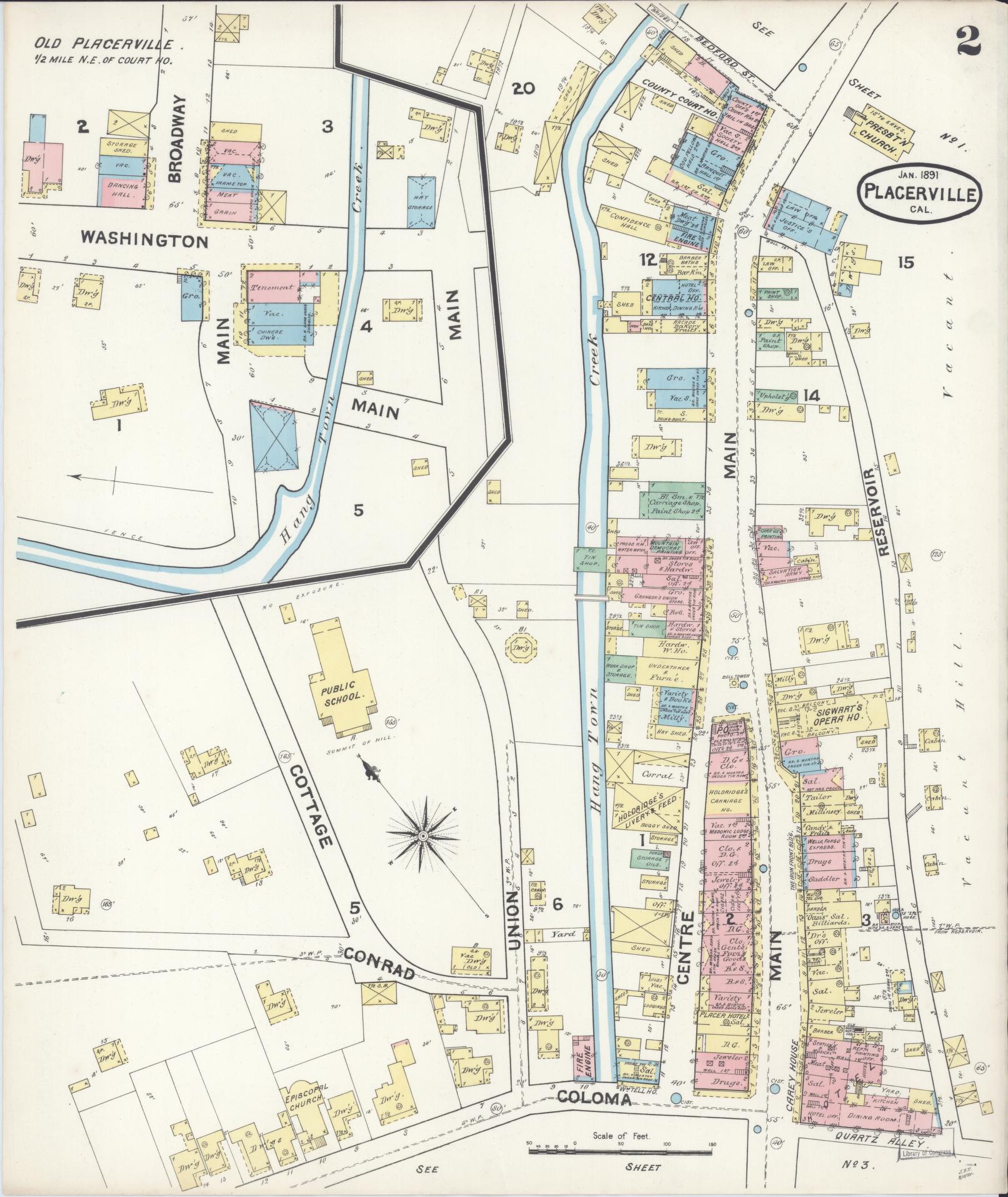 Sanborn Fire Insurance Map from Placerville, El Dorado County, California (1891), Sheet #0002 - Complete Map Set gallery image, historic Sanborn map, vintage wall art, California California