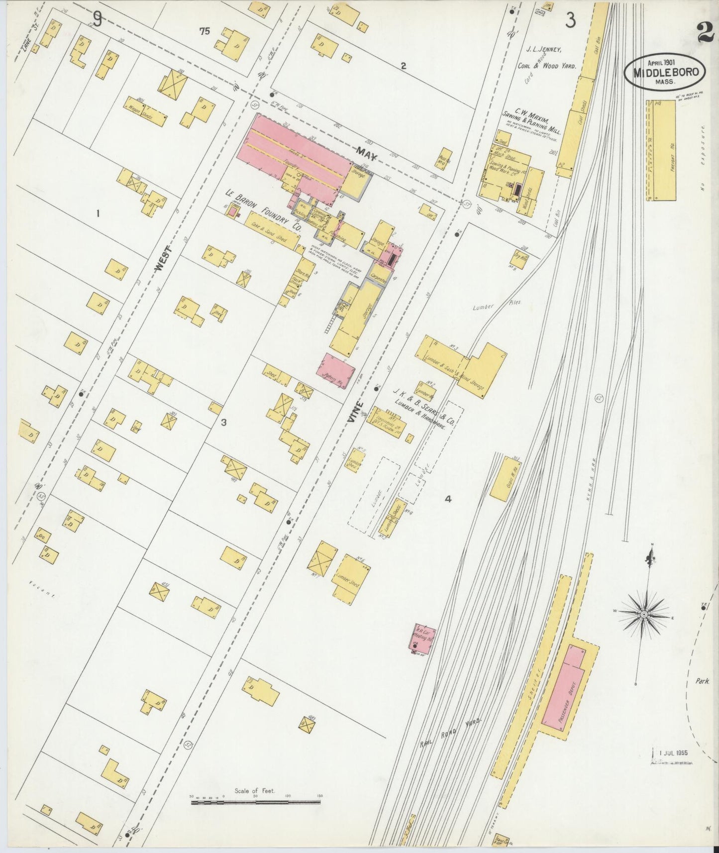 Sanborn Fire Insurance Map from Middleboro, Plymouth County, Massachusetts (1901), Sheet #0002 - Historic Sanborn Fire Insurance Map Print, vintage old map wall art, antique decor, genealogy gift, Massachusetts Massachusetts map