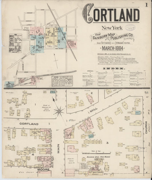 Sanborn Fire Insurance Map from Cortland, Cortland County, New York (1884), Sheet #0001 - Historic Sanborn Fire Insurance Map Print, vintage old map wall art, antique decor, genealogy gift, New York New York map