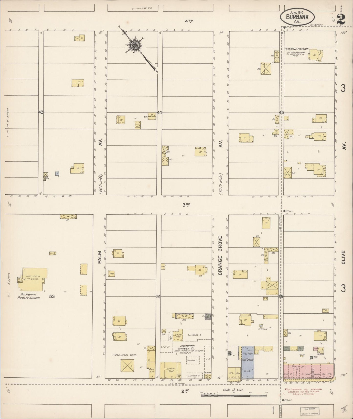 Sanborn Fire Insurance Map from Burbank, Los Angeles County, California (1910), Sheet #0002 - Complete Map Set gallery image, historic Sanborn map, vintage wall art, California California