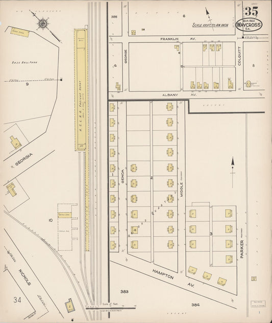 Sanborn Fire Insurance Map from Waycross, Ware County, Georgia (1922), Sheet #0035 - Historic Sanborn Fire Insurance Map Print, vintage old map wall art, antique decor, genealogy gift, Georgia Georgia map