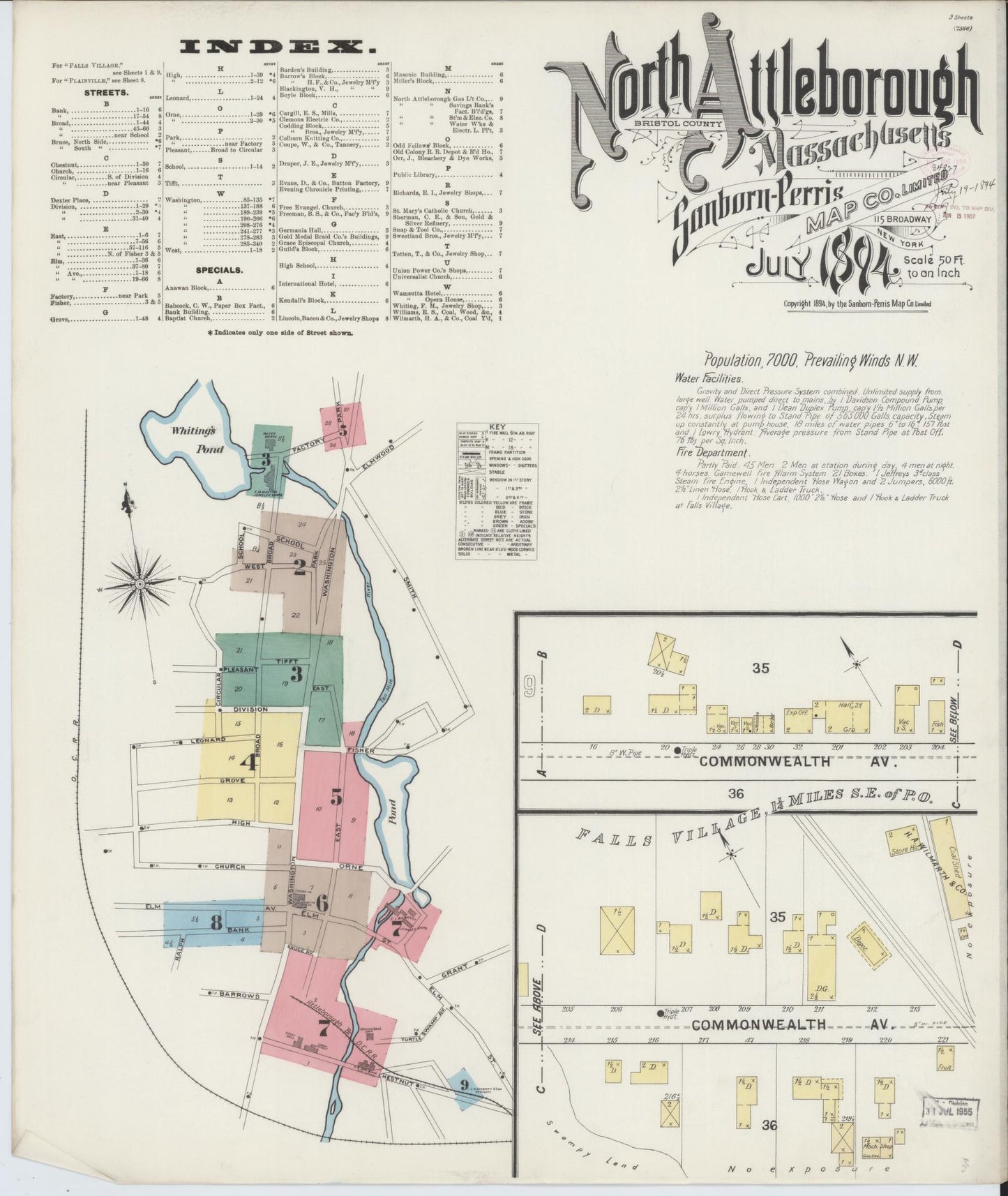 Sanborn Fire Insurance Map from North Attleborough, Bristol County, Massachusetts (1894), Sheet #0001 - Historic Sanborn Fire Insurance Map Print, vintage old map wall art, antique decor, genealogy gift, Massachusetts Massachusetts map