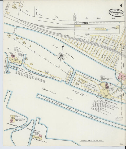 Sanborn Fire Insurance Map from Menominee, Menominee County, Michigan (1890), Sheet #0004 - Historic Sanborn Fire Insurance Map Print, vintage old map wall art, antique decor, genealogy gift, Michigan Michigan map