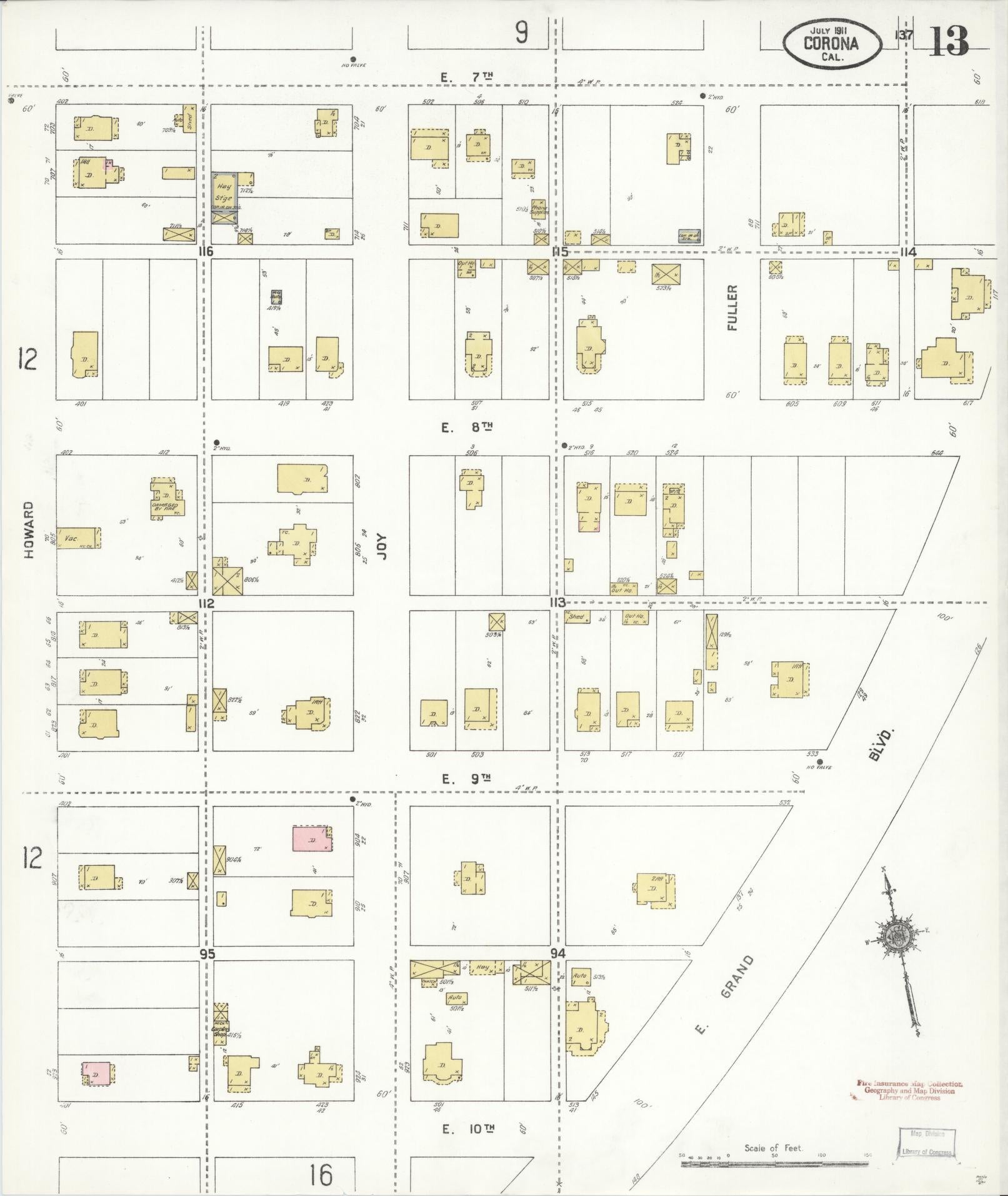 Sanborn Fire Insurance Map from Corona, Riverside County, California (1911), Sheet #0013 - Complete Map Set gallery image, historic Sanborn map, vintage wall art, California California