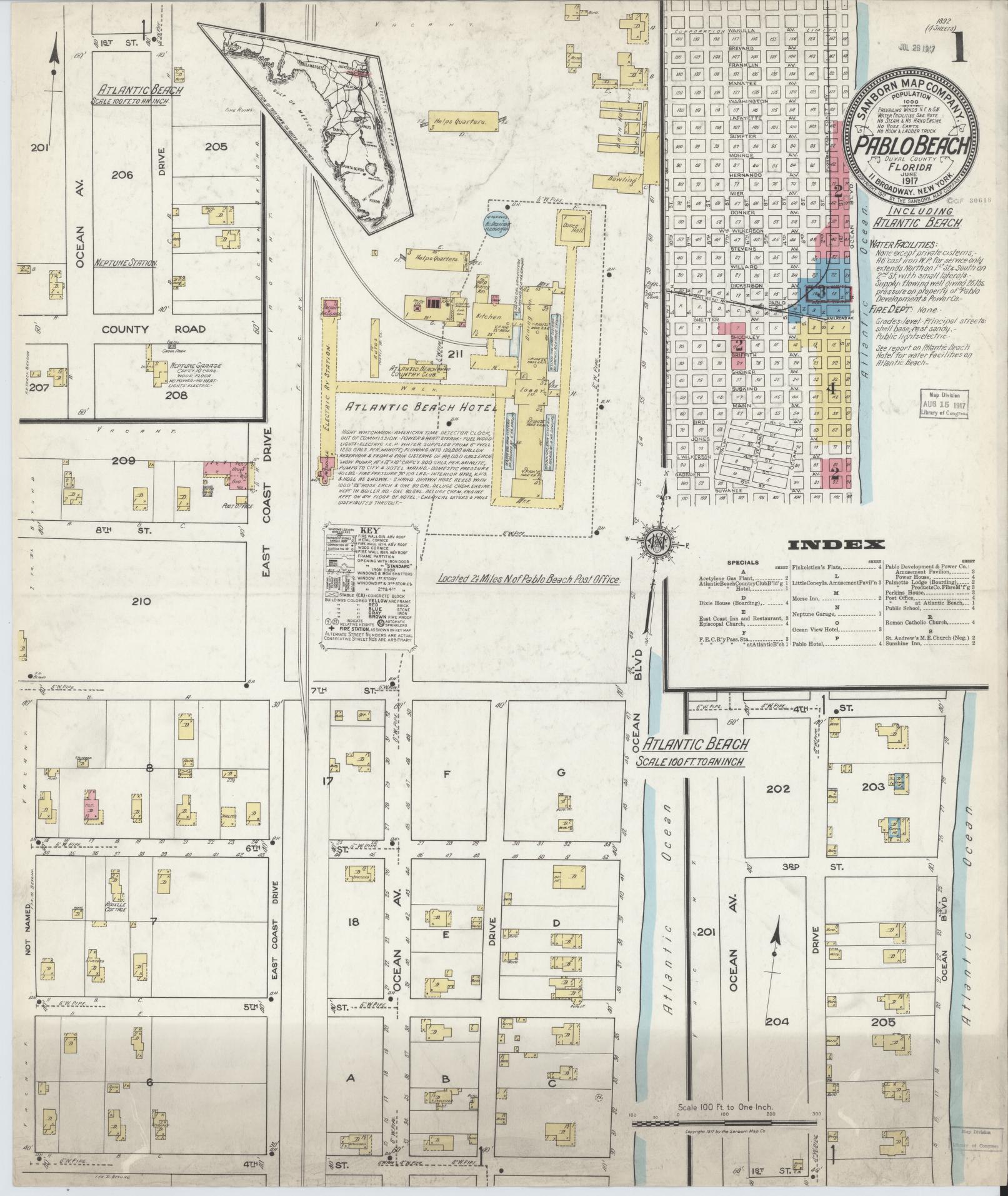 Sanborn Fire Insurance Map from Pablo Beach, Duval County, Florida (1917), Sheet #0001 - Historic Sanborn Fire Insurance Map Print, vintage old map wall art, antique decor, genealogy gift, Florida Florida map