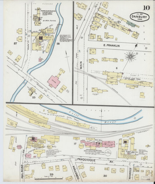 Sanborn Fire Insurance Map from Danbury, Fairfield County, Connecticut (1889), Sheet #0010 - Historic Sanborn Fire Insurance Map Print, vintage old map wall art, antique decor, genealogy gift, Connecticut Connecticut map
