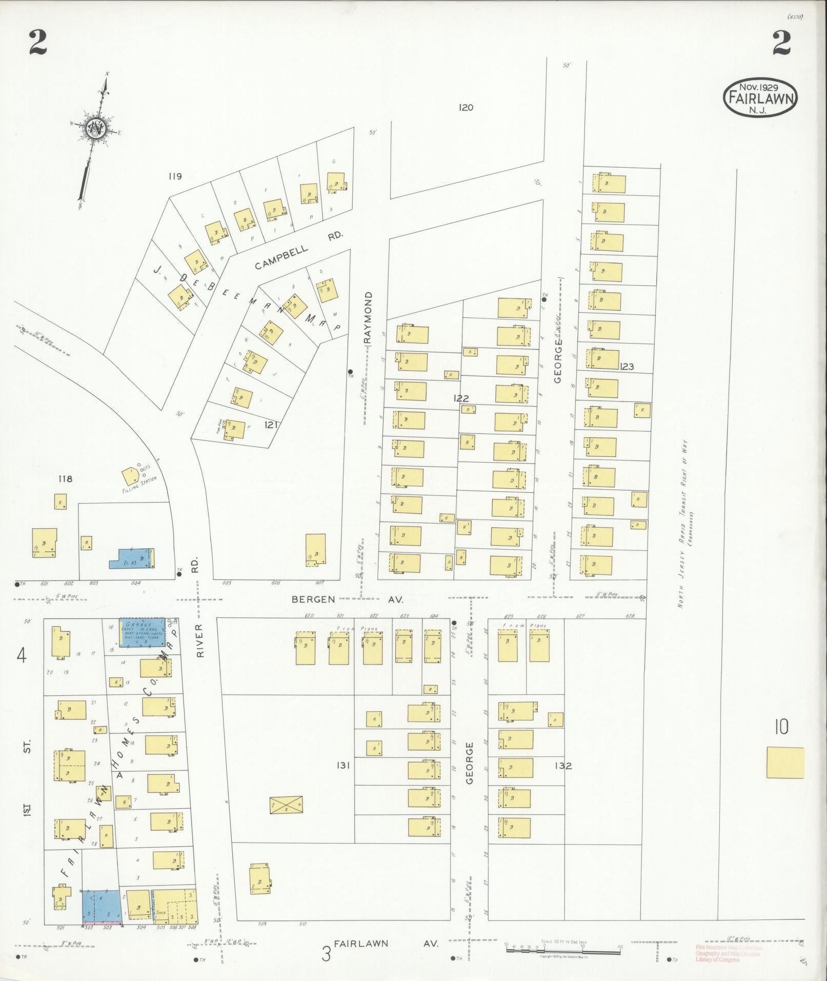 Sanborn Fire Insurance Map from Fair Lawn, Bergen County, New Jersey (1929), Sheet #0002 - Historic Sanborn Fire Insurance Map Print, vintage old map wall art, antique decor, genealogy gift, New Jersey New Jersey map