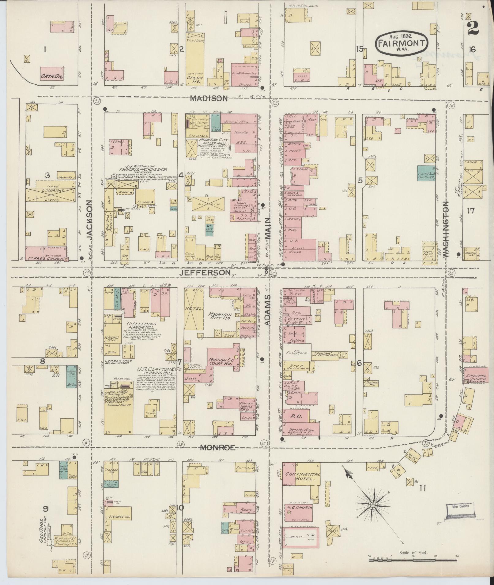 Sanborn Fire Insurance Map from Fairmont, Marion County, West Virginia (1892), Sheet #0002 - Complete Map Set gallery image, historic Sanborn map, vintage wall art, West Virginia West Virginia