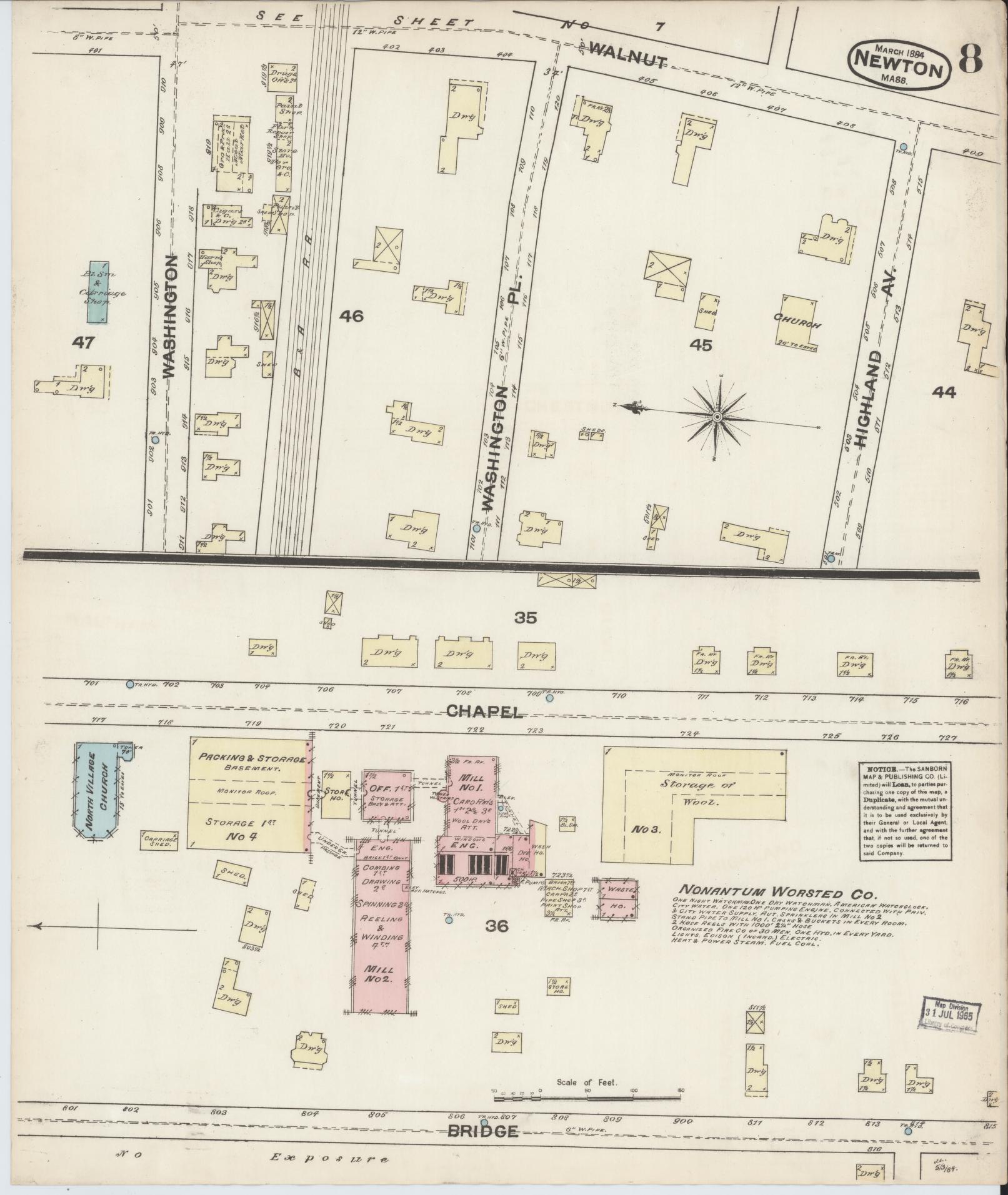 Sanborn Fire Insurance Map from Newton, Middlesex County, Massachusetts (1884), Sheet #0008 - Complete Map Set gallery image, historic Sanborn map, vintage wall art, Massachusetts Massachusetts