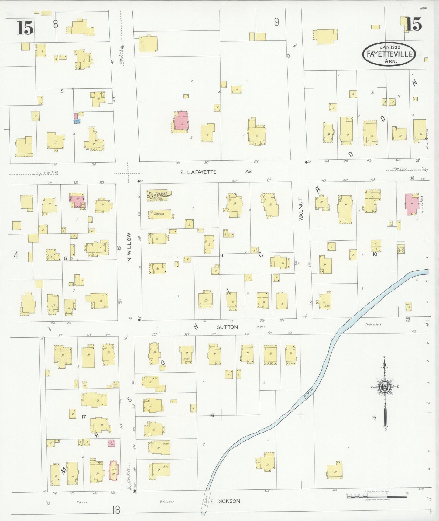 Sanborn Fire Insurance Map from Fayetteville, Washington County, Arkansas (1930), Sheet #0015 - Complete Map Set gallery image, historic Sanborn map, vintage wall art, Arkansas Arkansas