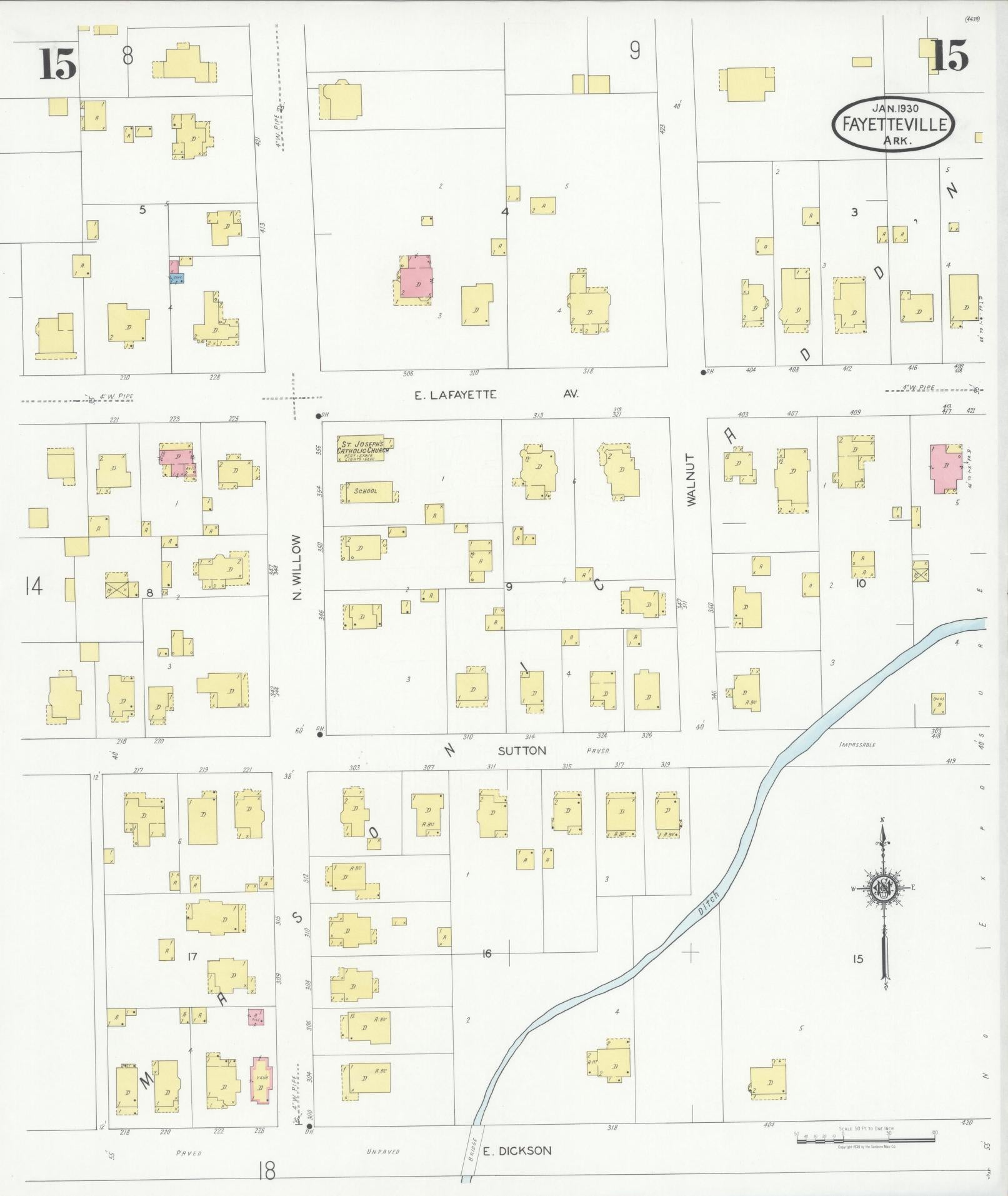 Sanborn Fire Insurance Map from Fayetteville, Washington County, Arkansas (1930), Sheet #0015 - Complete Map Set gallery image, historic Sanborn map, vintage wall art, Arkansas Arkansas