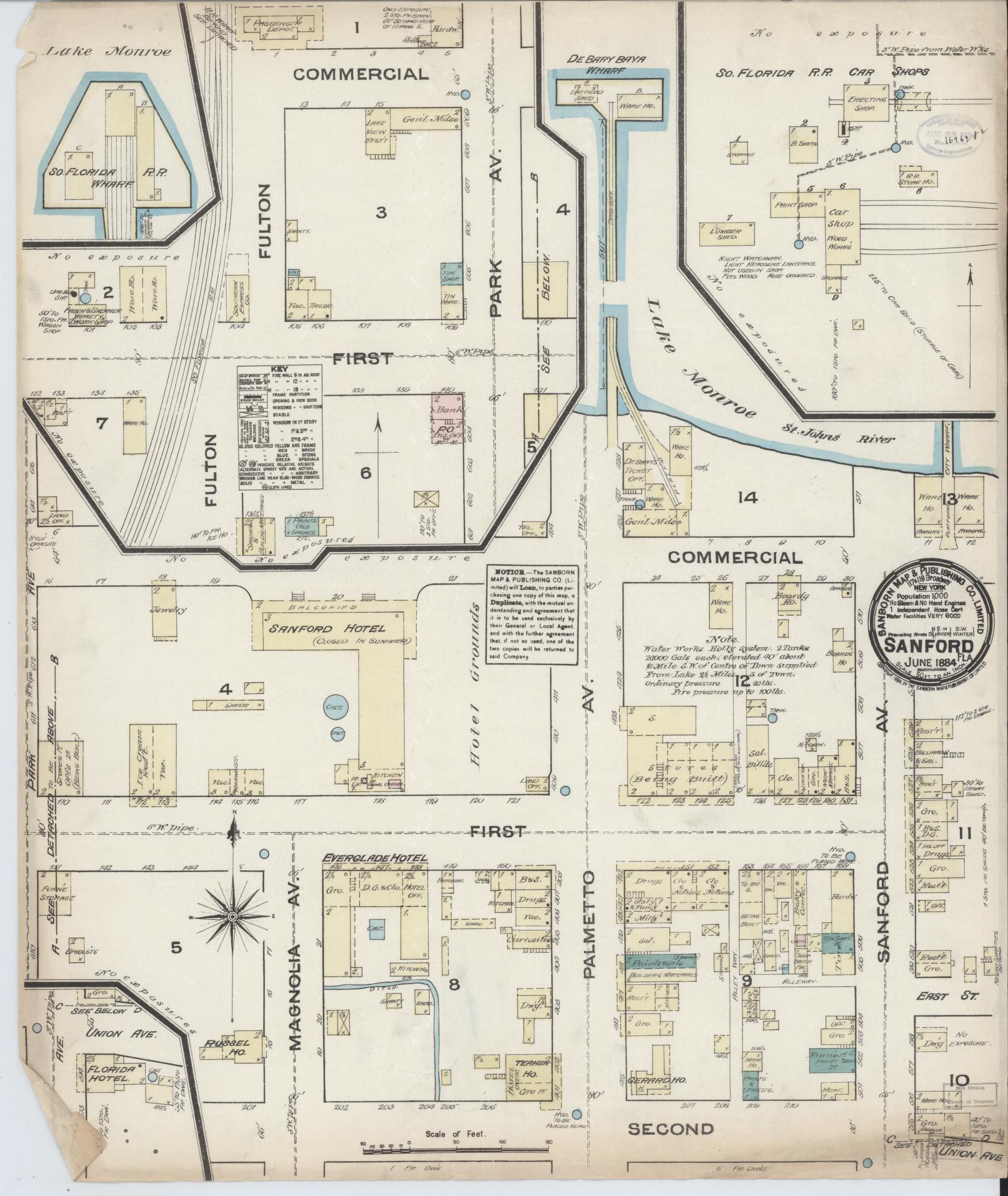Sanborn Fire Insurance Map from Sanford, Seminole County, Florida (1884), Sheet #0001 - Historic Sanborn Fire Insurance Map Print, vintage old map wall art, antique decor, genealogy gift, Florida Florida map