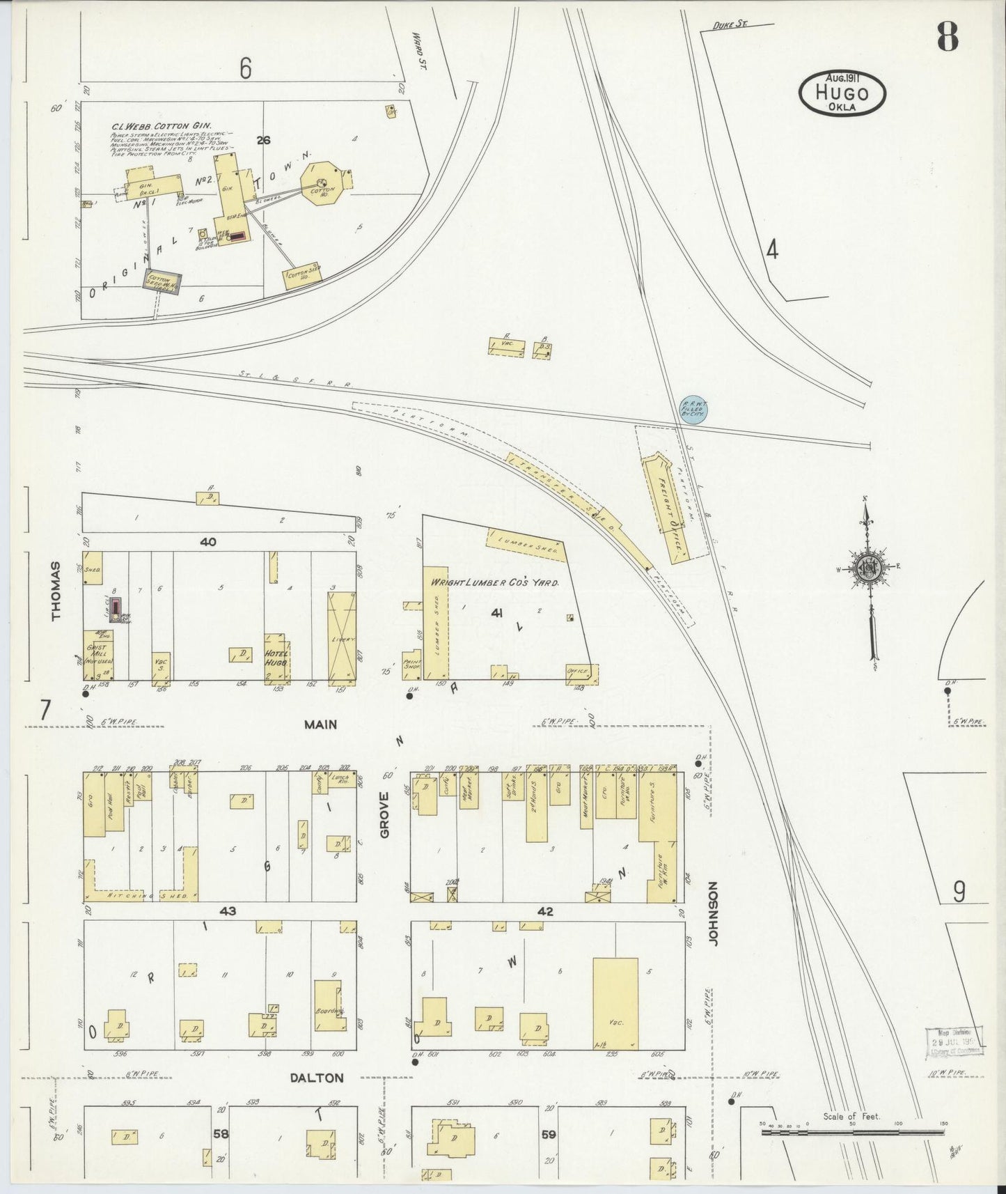 Sanborn Fire Insurance Map from Hugo, Choctaw County, Oklahoma (1911), Sheet #0008 - Complete Map Set gallery image, historic Sanborn map, vintage wall art, Oklahoma Oklahoma