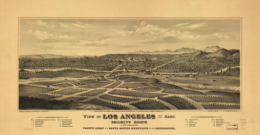 View of Los Angeles from the east. Brooklyn Hights in the foreground; Pacific Ocean and Santa Monica Mountains in the background. (1877) – Historic Bird’s-Eye View Panorama Print