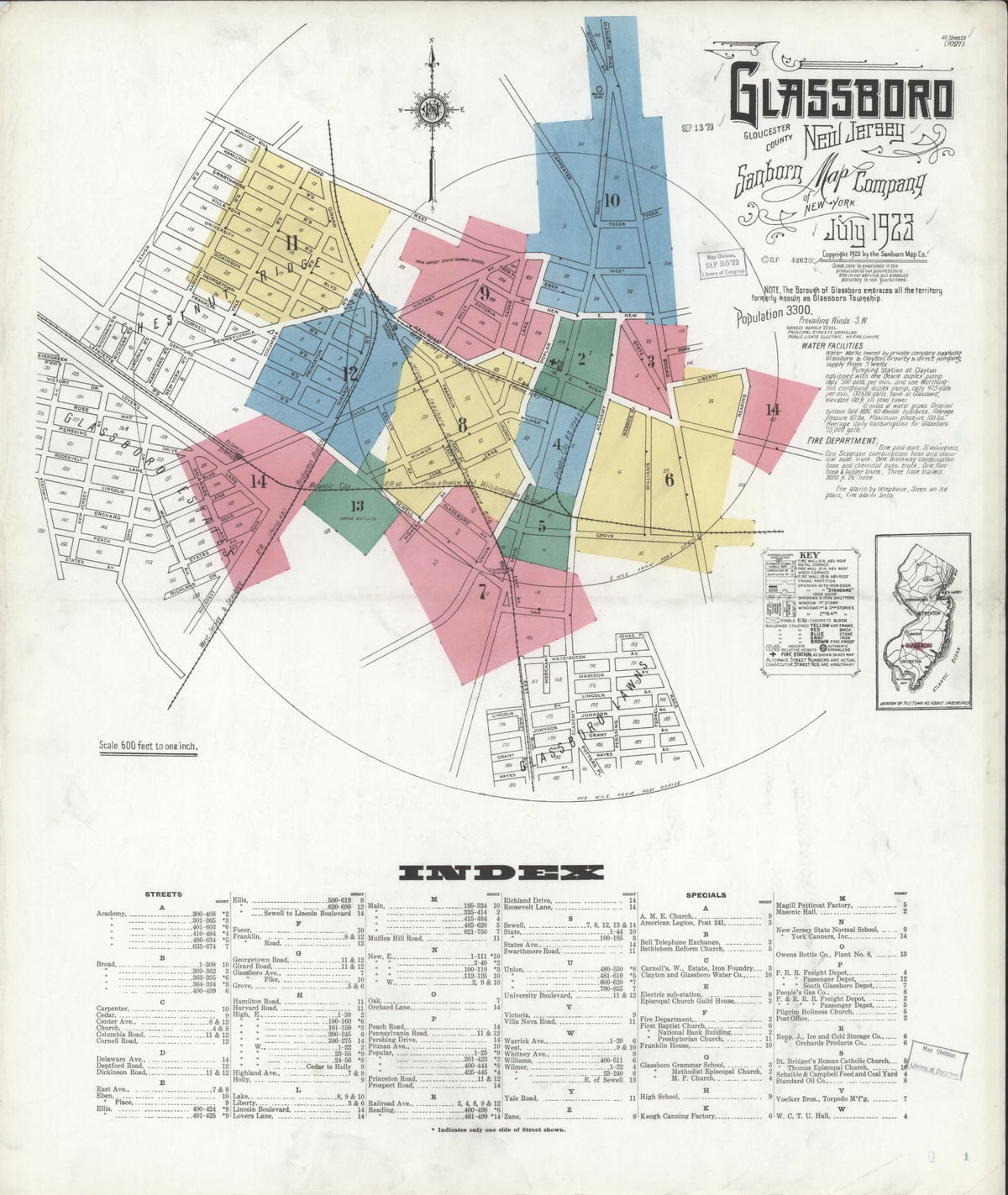 Sanborn Fire Insurance Map from Glassboro, Gloucester County, New Jersey (1923), Sheet #0001 - Complete Map Set gallery image, historic Sanborn map, vintage wall art, New Jersey New Jersey