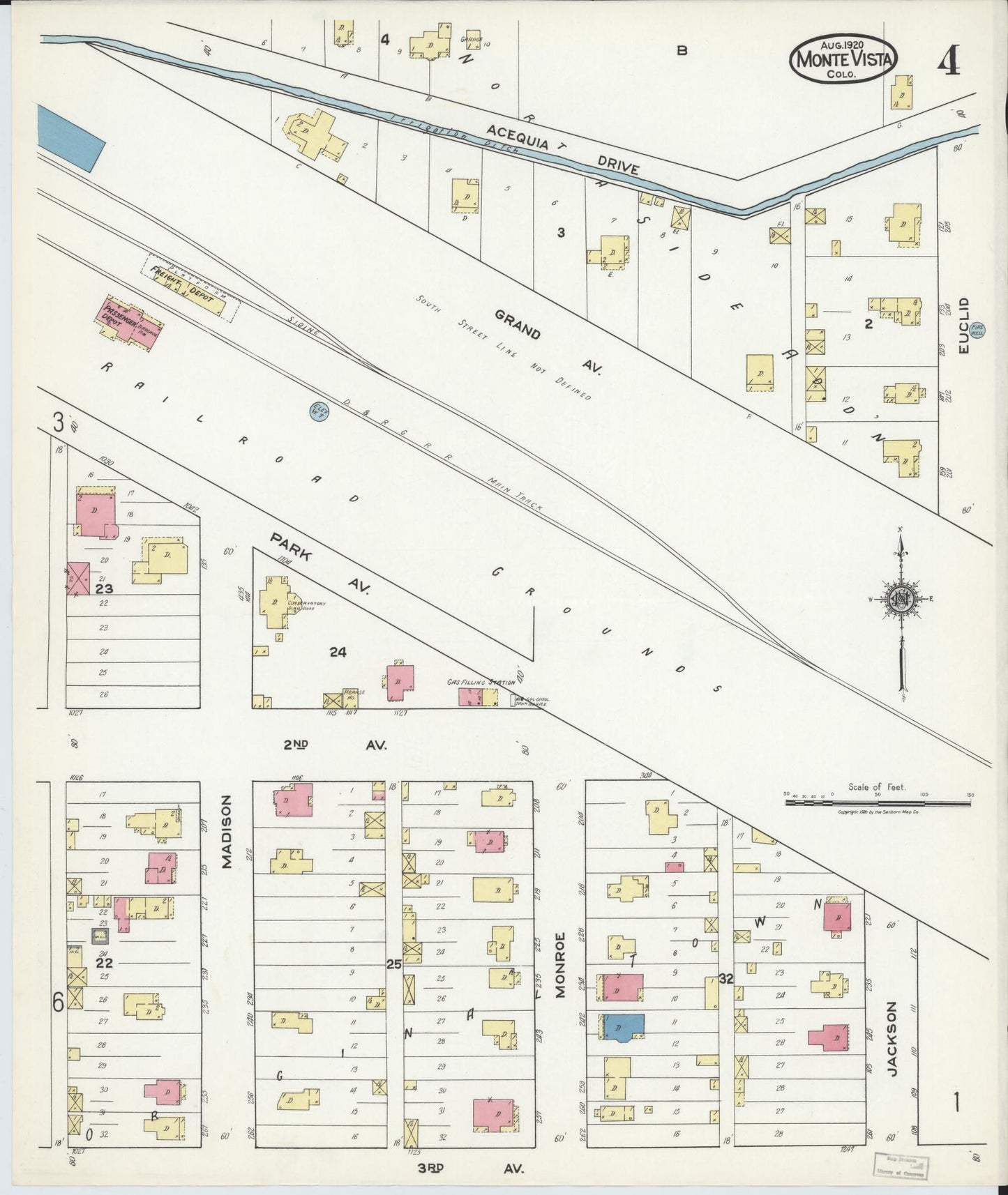 Sanborn Fire Insurance Map from Monte Vista, Rio Grande County, Colorado (1920), Sheet #0004 - Historic Sanborn Fire Insurance Map Print, vintage old map wall art, antique decor, genealogy gift, Colorado Colorado map