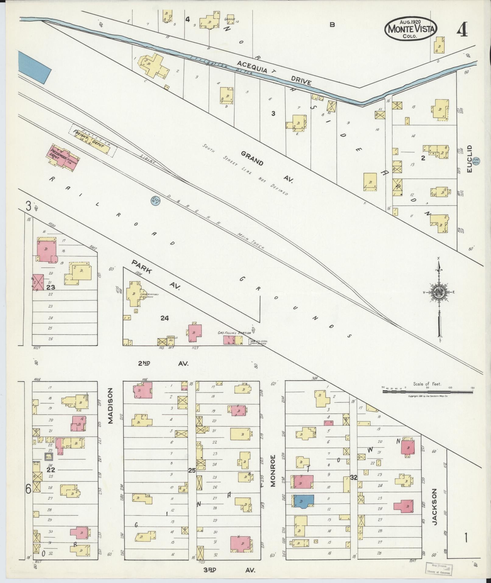 Sanborn Fire Insurance Map from Monte Vista, Rio Grande County, Colorado (1920), Sheet #0004 - Historic Sanborn Fire Insurance Map Print, vintage old map wall art, antique decor, genealogy gift, Colorado Colorado map