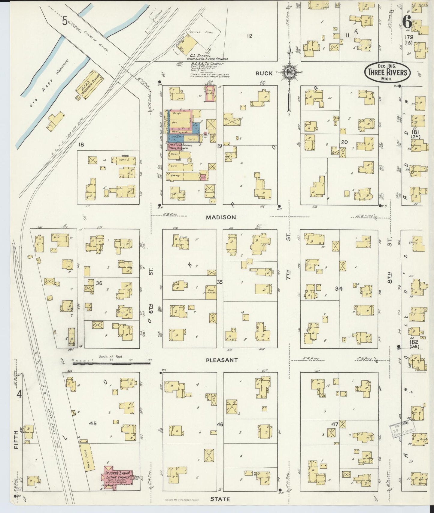 Sanborn Fire Insurance Map from Three Rivers, Saint Joseph County, Michigan (1916), Sheet #0006 - Historic Sanborn Fire Insurance Map Print, vintage old map wall art, antique decor, genealogy gift, Michigan Michigan map