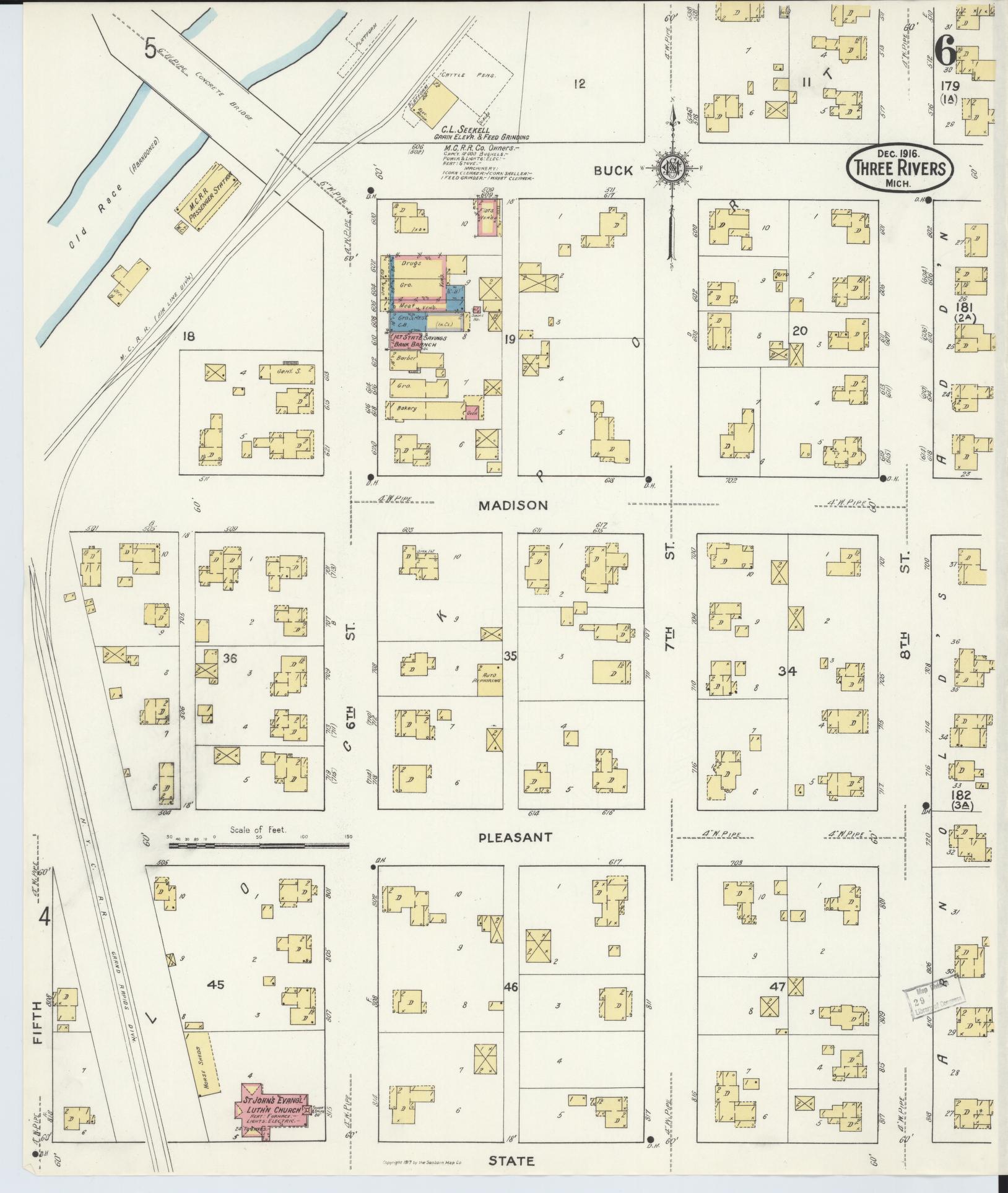 Sanborn Fire Insurance Map from Three Rivers, Saint Joseph County, Michigan (1916), Sheet #0006 - Historic Sanborn Fire Insurance Map Print, vintage old map wall art, antique decor, genealogy gift, Michigan Michigan map