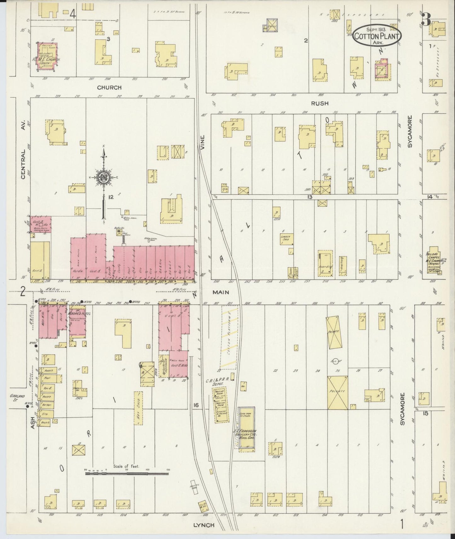 Sanborn Fire Insurance Map from Cotton Plant, Woodruff County, Arkansas (1913), Sheet #0003 - Complete Map Set gallery image, historic Sanborn map, vintage wall art, Arkansas Arkansas